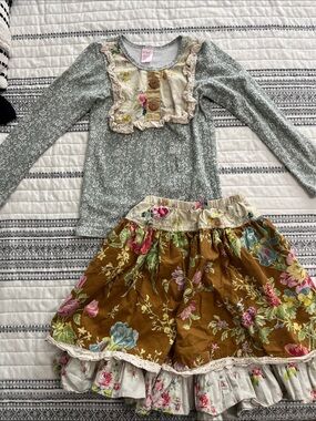Giggle Moon Sage Green Top & Mustard Floral Skirt Matching Set